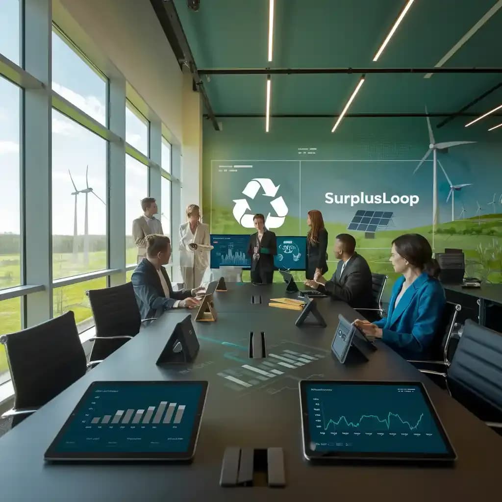 Modern corporate office with professionals collaborating on sustainability initiatives. Digital tablets display carbon reporting and asset management data, with SurplusLoop branding visible. Background includes recycling symbols, wind turbines, and solar panels, emphasizing eco-friendly practices