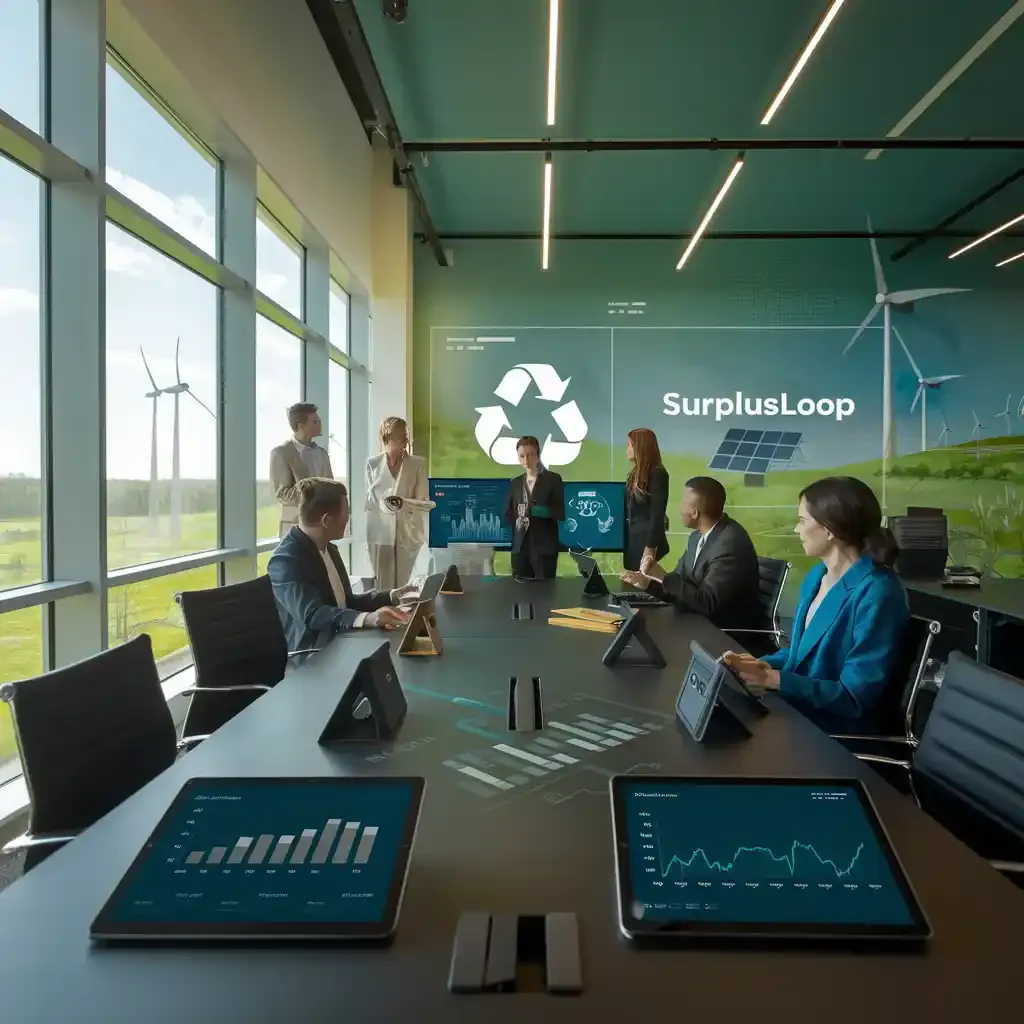 Modern corporate office with professionals collaborating on sustainability initiatives. Digital tablets display carbon reporting and asset management data, with SurplusLoop branding visible. Background includes recycling symbols, wind turbines, and solar panels, emphasizing eco-friendly practices