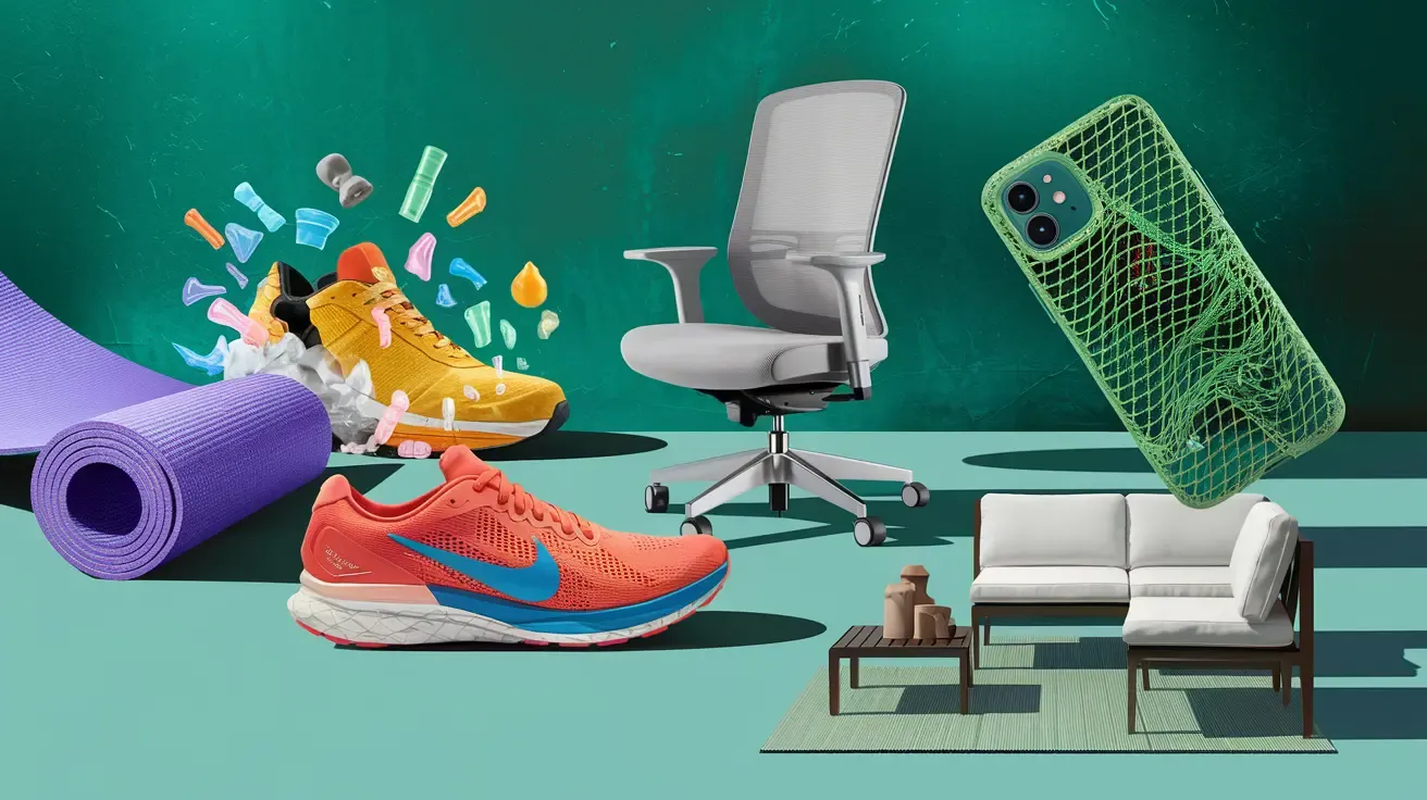 Surprising everyday items made from recycled materials: yoga mat, running shoes, office chair, phone case, outdoor furniture. Sustainable product innovation