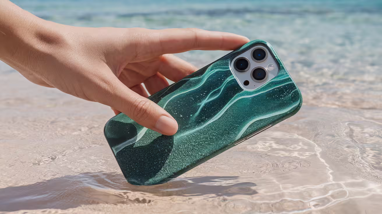 A phone case made from algae-derived bioplastic, an eco-friendly alternative highlighted on Surplusloop
