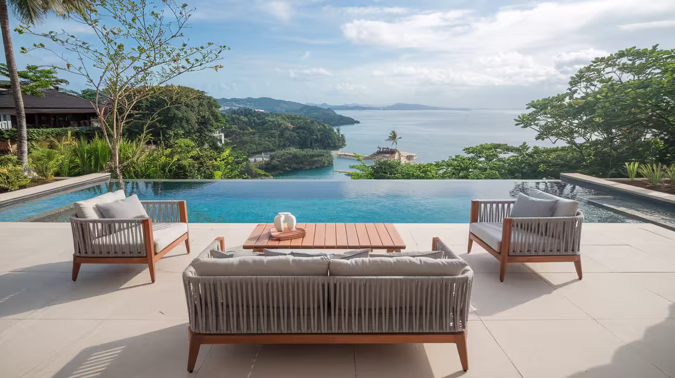 An outdoor lounge set featuring recycled teak wood and ocean plastic, as an example of sustainable furniture on Surplusloop