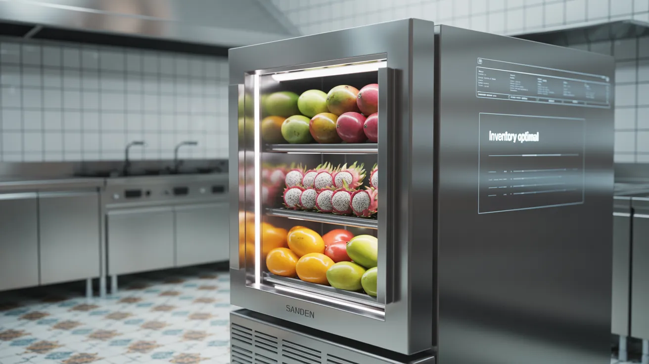 Sleek Sanden or Solid Cool commercial display refrigerator in a modern Malaysian F&B setting, with subtle tech visuals representing SurplusLoop's efficient surplus asset solutions